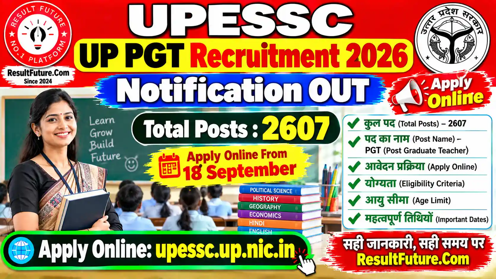 UPESSC UP PGT Recruitment 2026 Notification OUT for 2607 Posts, Apply Online From 18 September