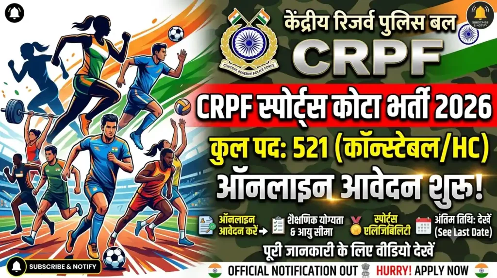 CRPF Sports Quota Recruitment 2026 : Online Apply For 521 Posts